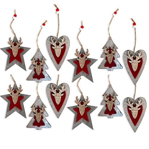 by Robelli Shabby Chic Wooden Christmas Tree Hanging Pendant Baubles Decorations (12 x Red/Grey 3D Decorations)