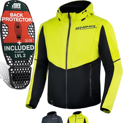 SHIMA DAYBREAKER MEN Motorcycle Hoodie for Men FiberQL Aramid and Cooling layer, CE Back, Shoulder, Elbow Protectors, Zipper and Snap Closure (Fluo, S)