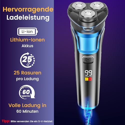 Skycool Men's Electric Shaver, 3-in-1 Electric Shaver for Men Wet and Dry, IPX7 Waterproof Rotation Shaver with Pop-Up Trimmer & LED Display, Quick Charge, Gifts for Men