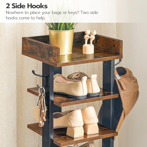 HOOBRO Vertical Shoe Racks for Entryway, 7 Tier Narrow Shoe Shelf with Hooks, Tall Shoe Organizer for Hallway, Bedroom, Stackable Shoe Stand for Samll Space, Adjustable Height, Rustic Brown EBF61XJ01