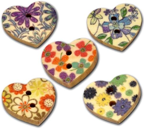 Pack of 25 mixed Multicolour Flower Print 2 Holes Heart Wooden Buttons, for Sewing, Scrapbooking, Embelishments, Crafts, Jewellery making, shabby chic, Knitting, 18x15mm