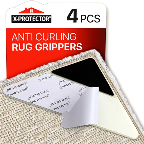 X-Protector Grippers for Rugs - 4 pcs Anti Curling Gripper for Rug - Keeps Your Rug in Place & Makes Corners Flat - Carpet Gripper with Renewable Carpet Tape - Non-Slip Rug Pad! (Triangular)