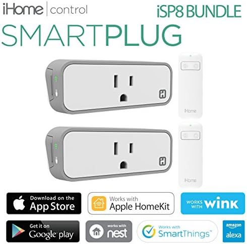 iHome iSP8 Smart Plug Bundle , Wi-Fi, Includes Remote Control, Works Seamlessly with all Alexa Products, includes hand held remote (2 Pack)