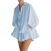 Sotimoon Womens 2 Piece Outfits Ruffle Trim Long Sleeve Button Down Shirt and Shorts Casual Striped Lounge Sets