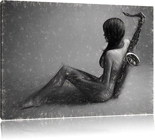 attractive woman with saxophone canvas picture | size: 120x80 cm | Mural | Art Print | ready covered