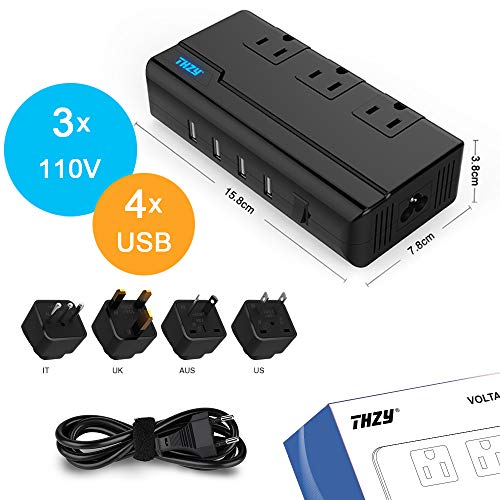 Voltage Converter Travel Adapter, THZY International Step Down 220V to 110V Converter with 4-Port USB Charging, Worldwide Plug Adapter with UK/AU/US/EU/Italy Plug for International Travel