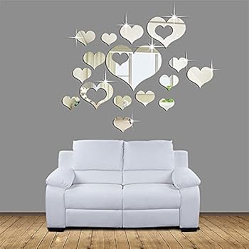Ikevan 1Set 15pcs 3D Acrylic Heart-shaped Mirror Wall Stickers Plastic Removable Heart Art Decor Wall Poster Living Room Home Decoration,Multi-size,Silver(Smal)