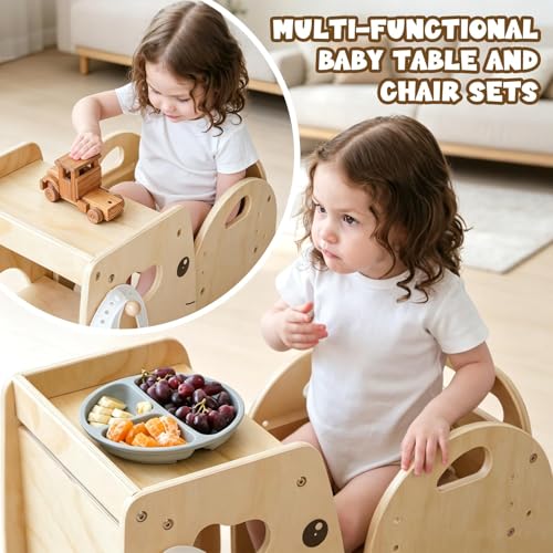 Lehoo Castle Toddler Table and Chair Set for 1-3 Years Boys Girls | 3-Level Adjustable Chair, Wooden Kid Desk with Shelf & Hook, Montessori Weaning Eating Playing Table, Easy Assemble, Elephant