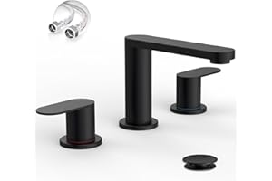 BWE Black Bathroom Faucet 3 Hole, Matte Black Bathroom Faucet 8 Inch Widespread, Pop-up Drain and Supply Lines, 360° Swivel Spout 2-Handle Bathroom Sink Faucets for Bath Vanity