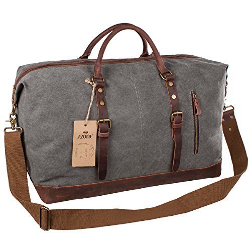 S-ZONE Oversized Canvas Genuine Leather Trim Travel Tote Duffel Shoulder Handbag Weekend Bag Clothing, Shoes & Jewelry, Luggage & Travel Gear, Gym Bags, Sports Duffels