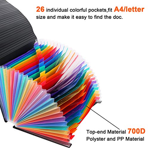 26 Pockets Accordian File Organizer, Expanding File Folder A4 Letter Size Expandable Filing Box, Rainbow Document Organizer,Portable Paper Bill Receipt Bag Plastic Folders with A-Z Alphabet Blank Tabs