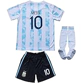 Necm Argentina #10 Leo 2021 Copa-American Home Kids Football Soccer Jersey/Shorts/Socks Kit Gift Set Youth Sizes