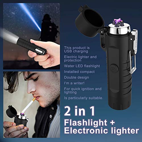 Waterproof Lighter, USB Plasma Lighter Rechargeable Electric Lighter Waterproof with Flashlight Portable Lighter Windproof Arc Lighter for Outdoor Camping Hiking (Black)