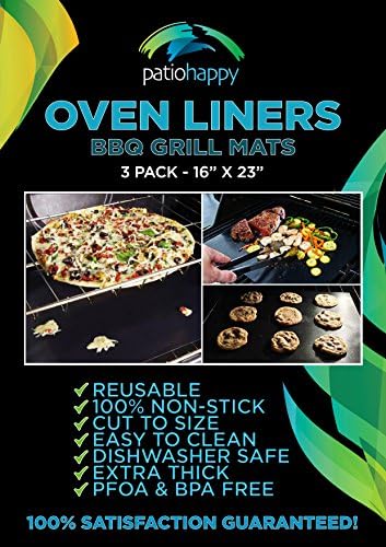 Patio Happy (3 Pack) Large Non-Stick Teflon Oven Liners 16" x 23"- Extra Thick - Certified BPA and PFOA - Easy Clean - BBQ Grill Matt - Reusable - Cut To Size - Dishwasher Safe - Durable
