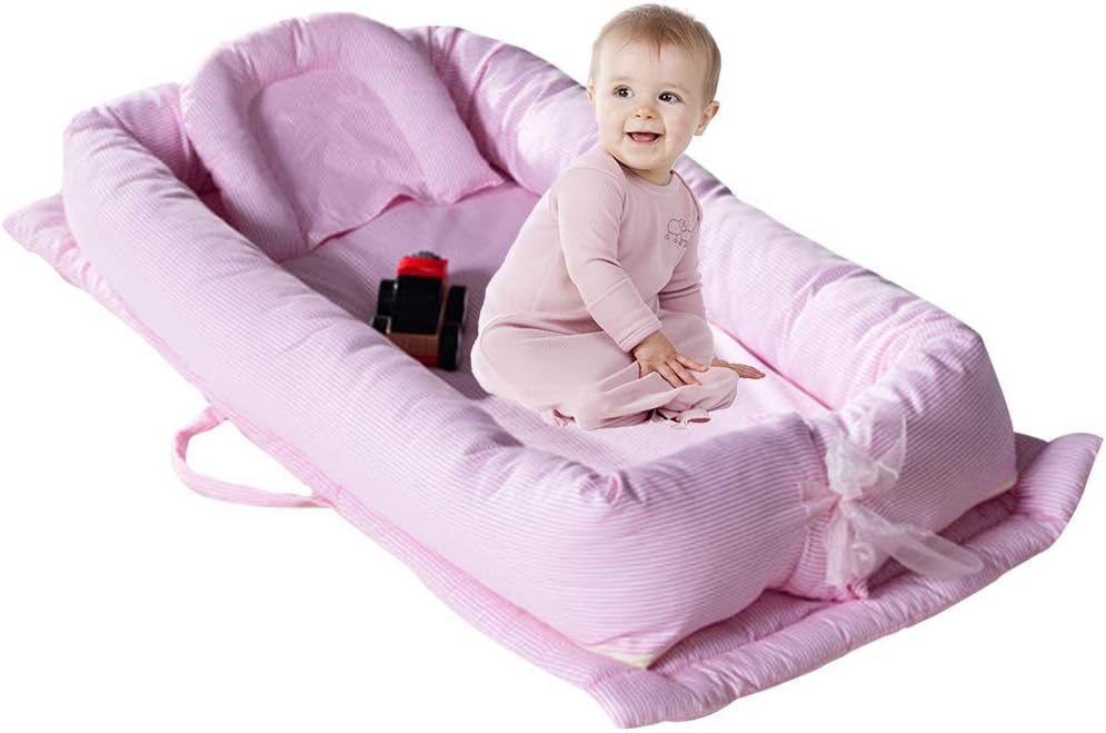 TEALP Baby Nest Bed, Pink Striped Baby Bassinet for Bed, Multifunctional Baby Nest, Newborn Infant Portable Cribs & Cradles Lounger, 100% Breathable Cotton (0-24 Months).