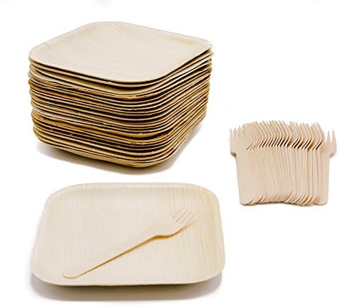 Ecodesign Disposable 50-Piece Palm Leaf Dinnerware - Appetizer Sides Dessert 7" Plates Pack (25) w/ Wood Forks (25) - Compostable