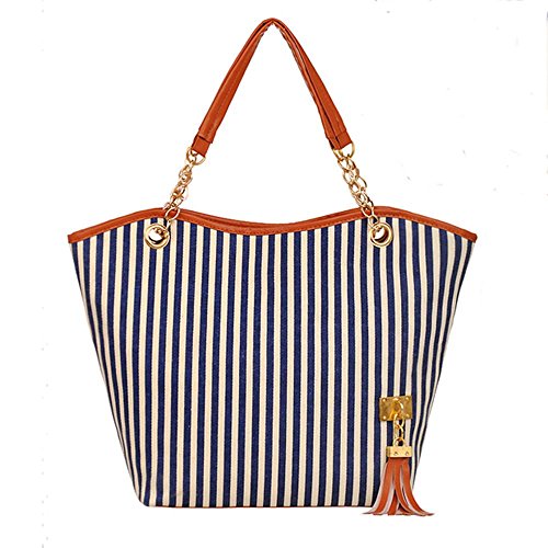 E-Dream Fashion Stripe Single Shoulder Canvas Bag Women Handbag (Navy White) ...