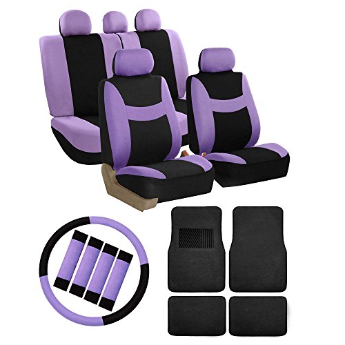 Click Here to See More Images FH GROUP FH-FB030115 Light & Breezy Purple/Black Cloth Seat Cover Set Airbag & Split Ready with Steering Wheel Cover, Seat Belt Pads and Floor Mats- Fit Most Car, Truck, Suv, or Van