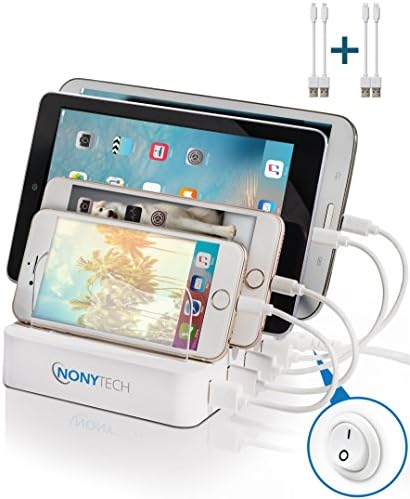 NONYTECH USB Charging Station–Universal Fast Multiple Device Docking Charger &amp; Stand Organizer For Cell phone iPhone, Samsung, LG, Android, Smart Watch, ipad, Tablet,With 4x2.4A Ports-BONUS 4 Cables