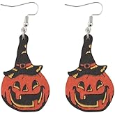 Halloween Pumpkin Skull Black Cat Wooden Dangle Earrings for Women Lightweight Cute Pumpkin Drop Earrings Jewelry Gift