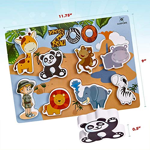 Gleeporte Wooden Chunky Puzzle Zoo Animal Pieces Learning Educational Puzzle Board with Free Standing Pieces for Toddlers & Kids (8 pcs)