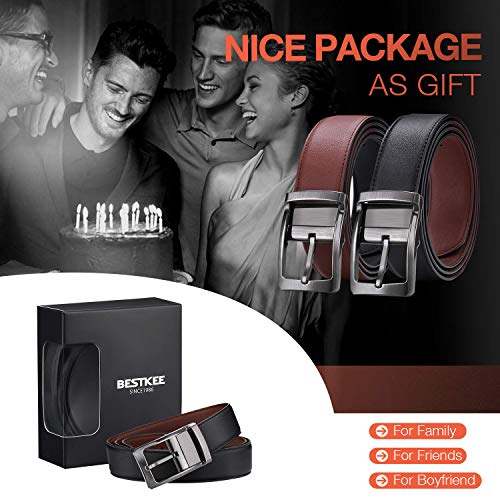 Belt for Men, Bestkee Men's Leather Belt Reversible and Adjustable, Genuine Leather Mens Dress Belt with Rotated Buckle