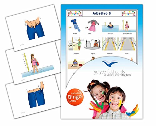 Adjectives Flashcards in Spanish Language - Set 3 - Flash Cards with Matching Bingo Game for Toddlers, Kids, Children and Adults - Size 4.13  5.83 in - DIN A6