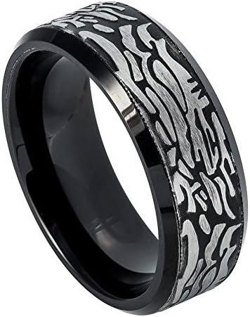Tungsten Carbide 8mm Black IP Plated Ring with Laser Carved Rock Art Pattern Wedding Band Ring