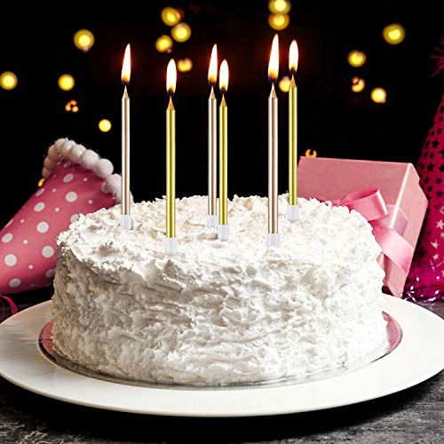 Frienda 24 Pieces Metallic Birthday Cake Candles in Holders Long Thin Birthday Candles Cupcake Candles Wedding Party Cake Decorations (Gold and Champagne Gold)