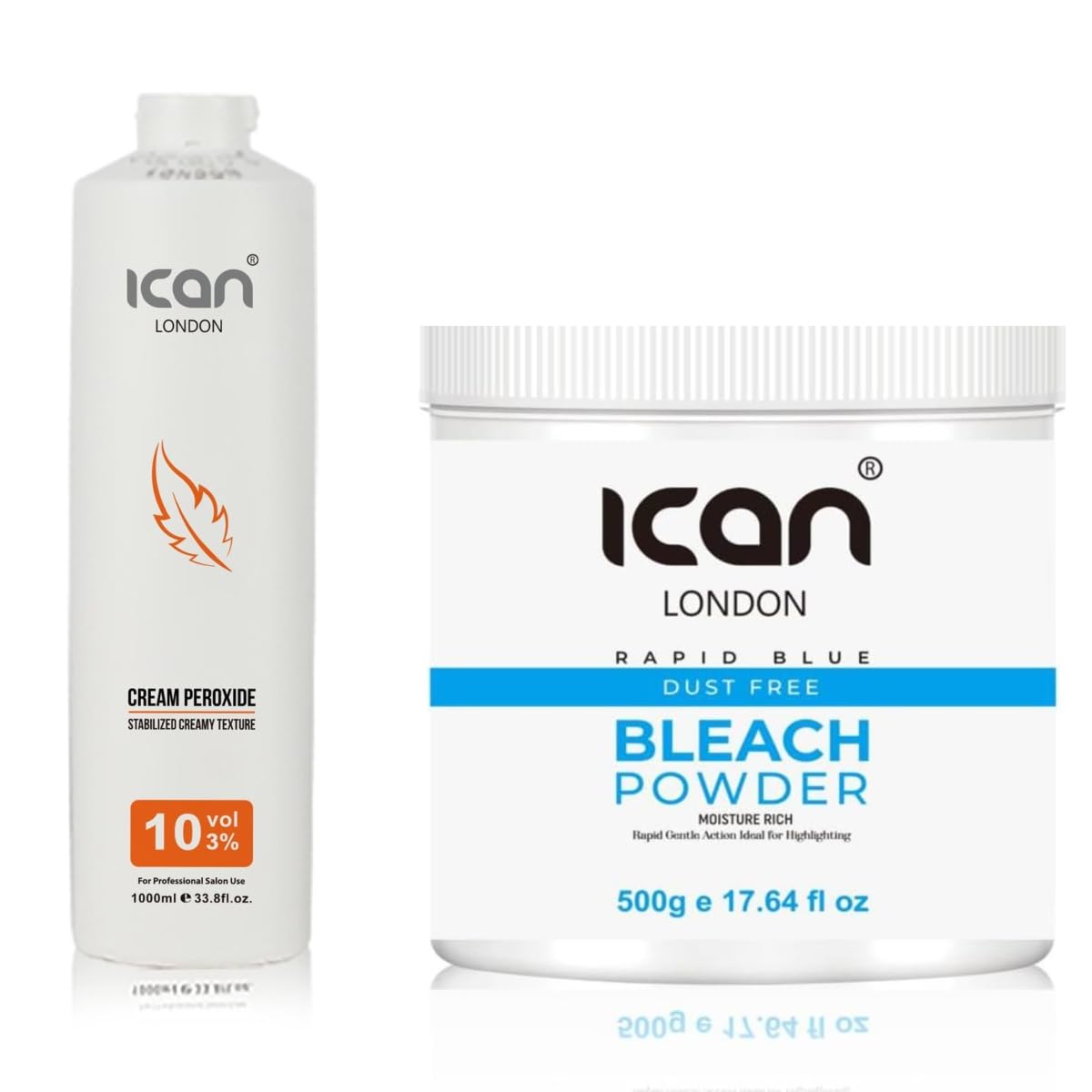 Ican London Cream Peroxide 10 Volume 3%, 1000ml + Rapid Blue Powder Bleach Jar, 500g, Combo Set