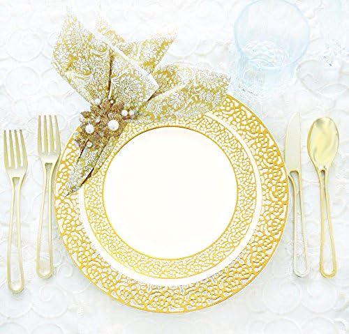 Royalty Settings Inspiration Collection Elegant White with Gold Plastic Plates for Wedding, Gold Lace Plastic Plates Set of 40, 10 inch Disposable Plastic Plates