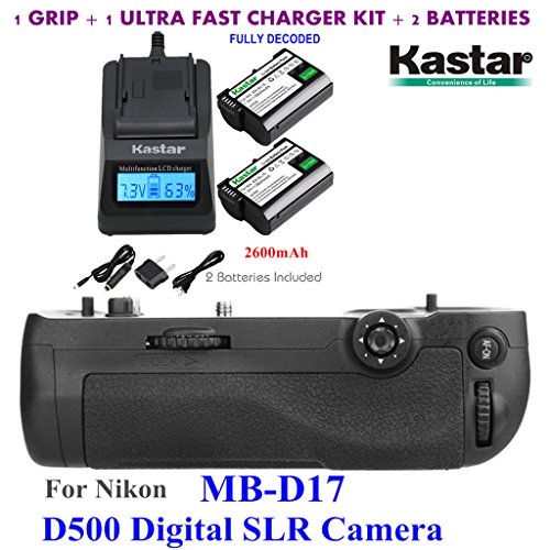 Kastar Pro Multi-Power Vertical Battery Grip (Replacement for MB-D17) + 2x EN-EL15 Replacement Batteries + Ultra Fast Charger Kit for Nikon D500 Digital SLR Camera