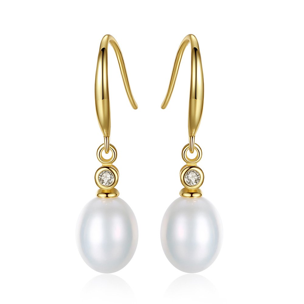 KEETEEN Sterling Silver Pearl Earrings 8mm Dangle Teardrop Earrings Bridal Betrothal Jewels, gold plated base, Pearl