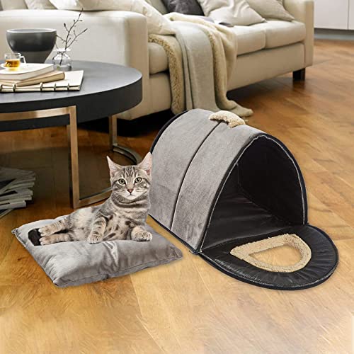 Portable Cat House, Cat Bed Self-Warming 2 in 1, Foldable Cave House Shape Indoor with Cozy Bed, Cat Beds for Indoor Cats, with Washable Removable Cushion Pad, Dark Gray