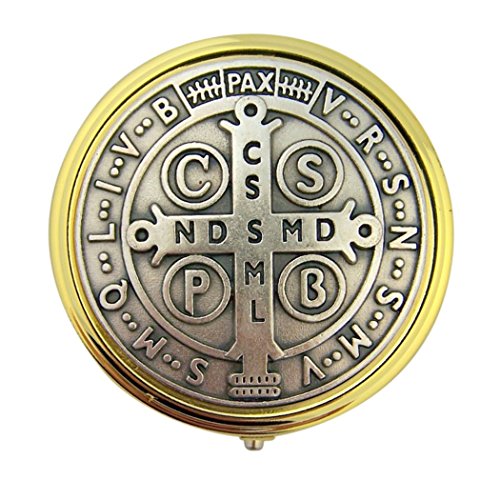 Gold and Silver Tone Pyx with Saint Benedict of Nursia Medal, 2 1/4 Inch