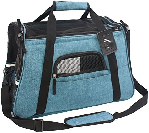 HiCaptain Airline Approved Soft Sided Pet Carrier Portable Dog &amp; Cat Travel Bag Light Weight Tote with Removable Fleece Mat (Blue, 18"L*9.8"W*11.8"H)