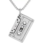 YWMAN Vintage Cassette Tape Pendant Necklace, Silver Plated Box Chain, Retro Music Theme Jewelry