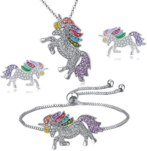 4MEMORYS Rainbow Unicorn Jewelry Set Including Pendant Necklace, Bracelet Rhinestone Crystal Rhodium Plated Women Girls Unicorn Gift Set