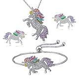 4MEMORYS Rainbow Unicorn Jewelry Set Including Pendant Necklace,Earrings,Bracelet Rhinestone Crystal Rhodium Plated Women Girls Gift