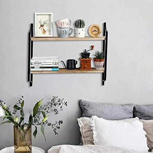 Rustic Floating Shelves, 2 Tier Floating Shelves Decorative Wall Mounted Storage Shelves for Living, Dining Room, Office, Wood Wall Shelf with Metal Brackets, Floating Shelves for Wall