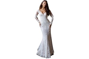 HEGABCH Beach Mermaid Wedding Dresses for Bride 2024 Lace Appliques Long Boho Elopement Bride Dress with Train