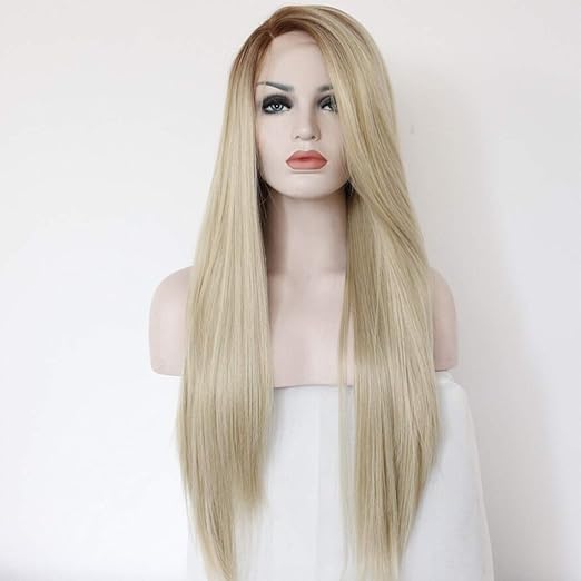 Blonde Wig Two Colors Light Brown Roots, Side Length Natural Vertical