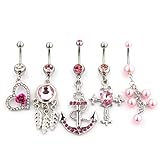 Vcmart 5Pcs 14G Dangle Belly Button Rings Set Navel Ring Stainless Steel Body Piercing Jewelry
