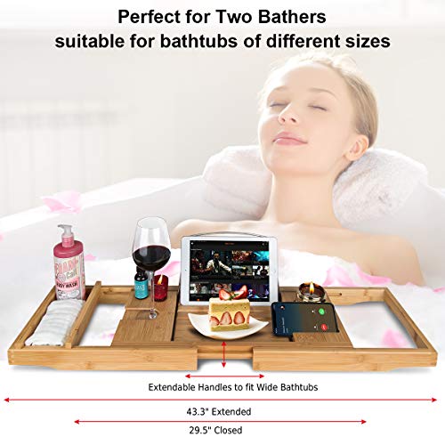 Bathtub Tray Caddy,Bamboo Bathtub Caddy Organizer with Wine Glass and Book Reading Holder ipad Adjustable Extending Sides,Bath Tray Table Accessories for Tub Shower,Free Soap Holder,Extra Wide Board - Thumbnail 4
