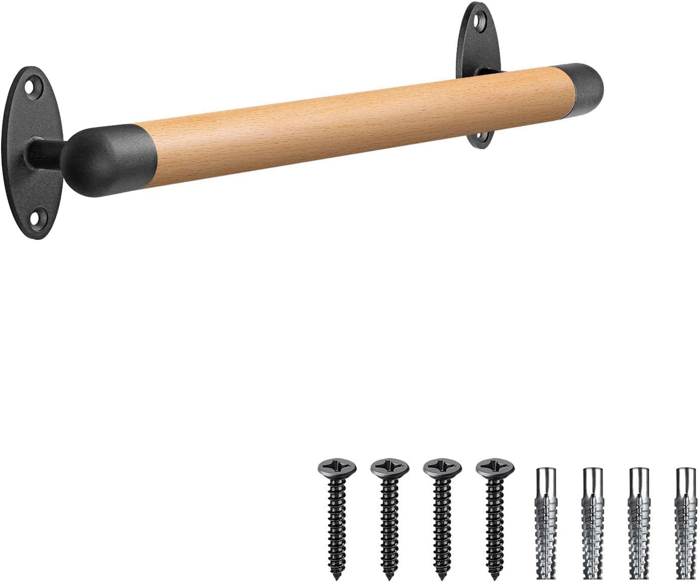 SELEWARE 16 Inch Wood Handrail Indoor Stairs Handrail Wall Mount Handrail w/Sturdy Metal Barckets, Barrier-Free Staircase Grab Bar for Elderly, 1.3 Inch Round