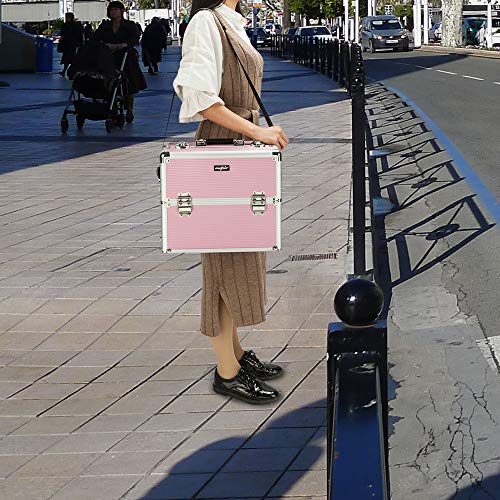 2 in 1 Rolling Makeup Train Case, Makeup Travel Organizer Cosmetic Case, Aluminum Cosmetology Display Suitcase on Wheels, Beauty Storage Luggage Lockable w/4 Removable Wheels (Pink) - Thumbnail 6