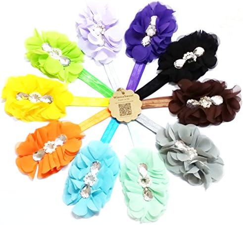 WinterSweet Baby Girl's Strip Chiffon Flower with Rhinestones Pearl Headbands and Elastic Hair Band(Colorful,Pack of 10)