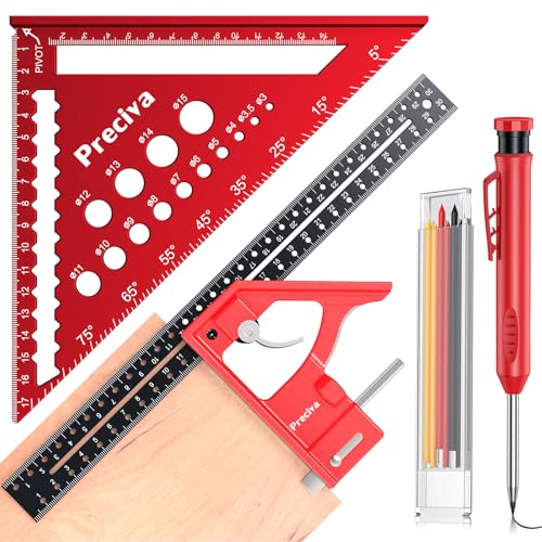 Carpenter's Square Set, Preciva Metric Marking Gauge and Triangles Carpenter's Angle Set with Construction Pencil, Combination Angle Ruler Made of Aluminium Alloy for DIY, Woodworking, Home Work