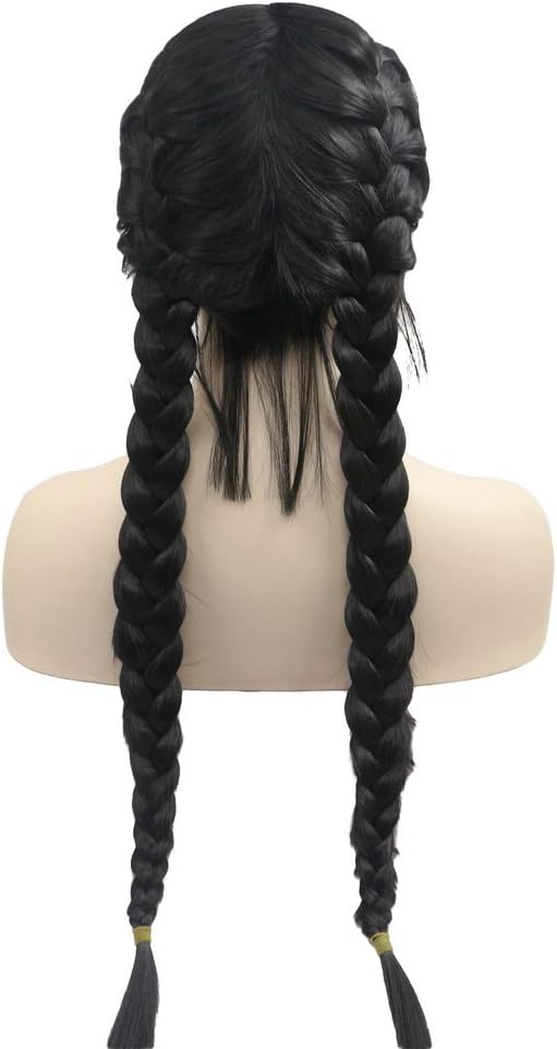 24inches Double Braided Wigs Black Cool Color Synthetic Lace Front Wigs with Baby Hair Cosplay Long Wig Natural Hairline for Women Lady 2x Twist Braids Wig Daily Wear (1B#)