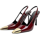 Vertundy Slingback Heels for Women Metal Pointed Toe Stiletto High Heel Pumps Slip On Shoes Geometric Heel
